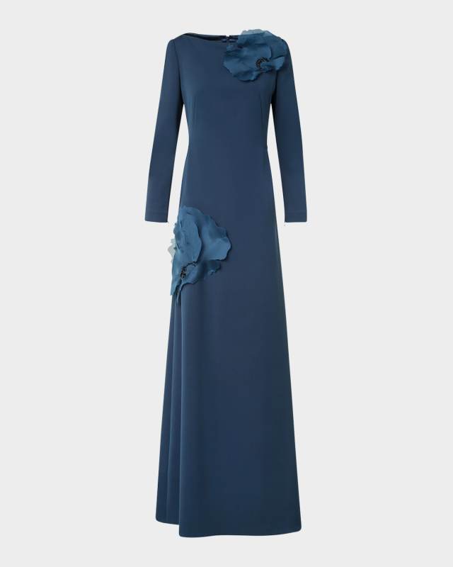 Organza Anemone Corsage Long-Sleeve Crepe Gown